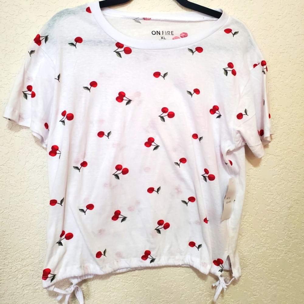 Cute Cherry Print On Fire XL Short Sleeve Drawstring Hem Tee